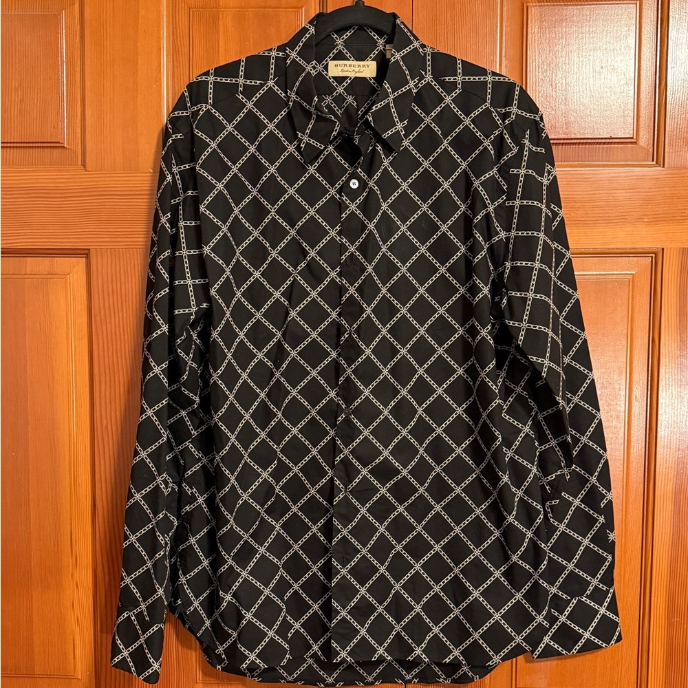Burberry XL black button down shirt.  Cotton with a printed chain design.